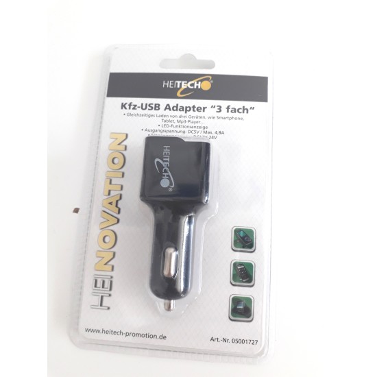 ΦΟΡΤΙΣΤΗΣ ΑΥΤΟΚΙΝΗΤΟΥ ΜΕ ΤΡΙΠΛΟ USB HEITECH 5V / 4,8A